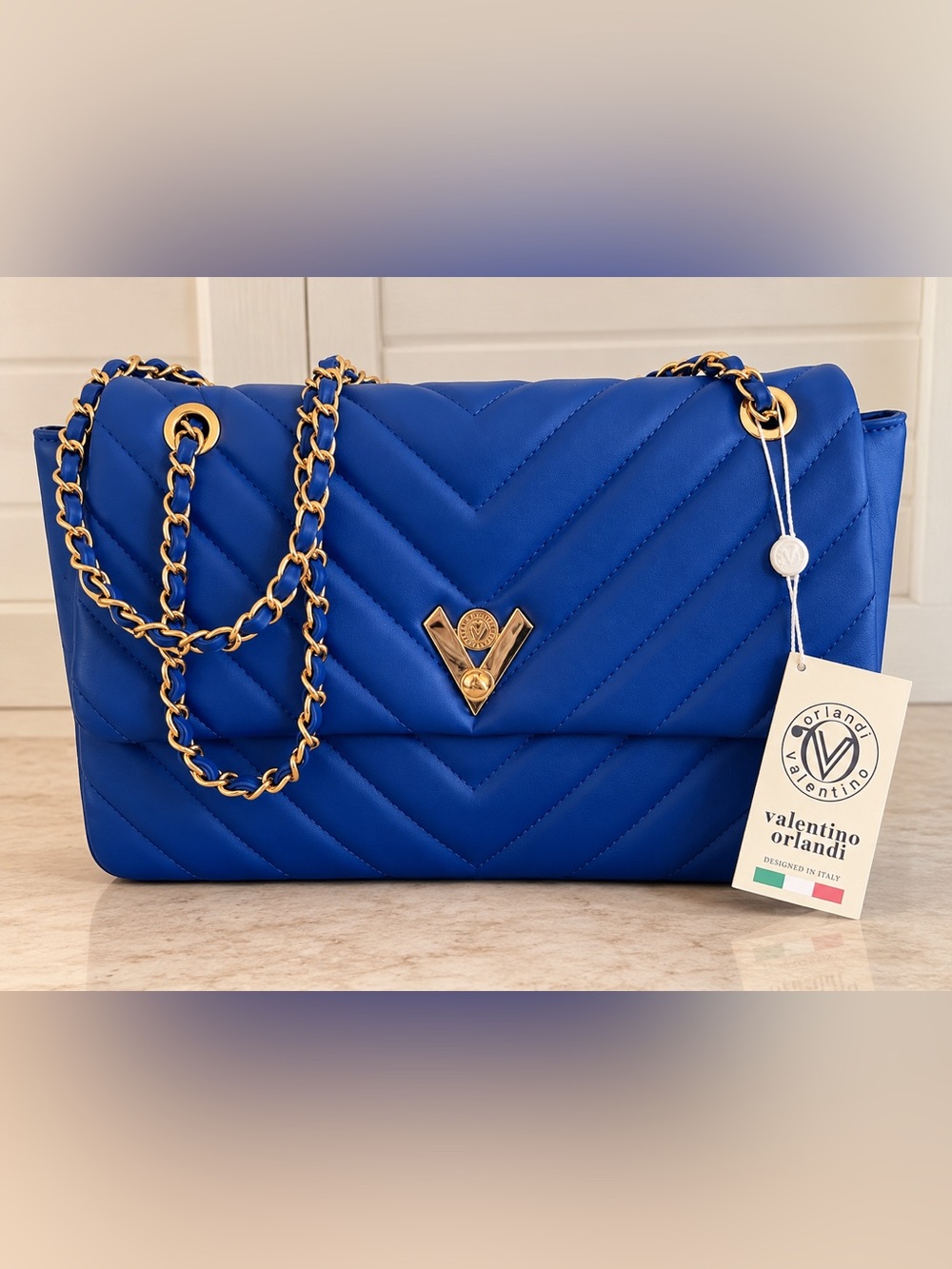 Valentino Orlandi Electric Blue Quilted Chain Crossbody - Gold Hardware